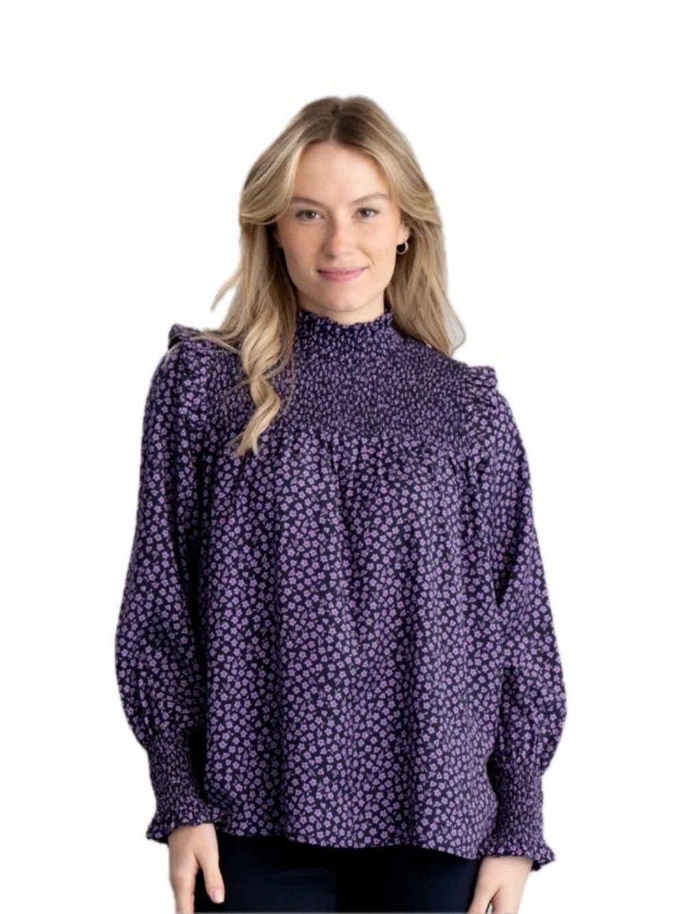 Barbour Midhurst Floral Smocked-Yoke Long Sleeve High Neck Blouse Top Size 8